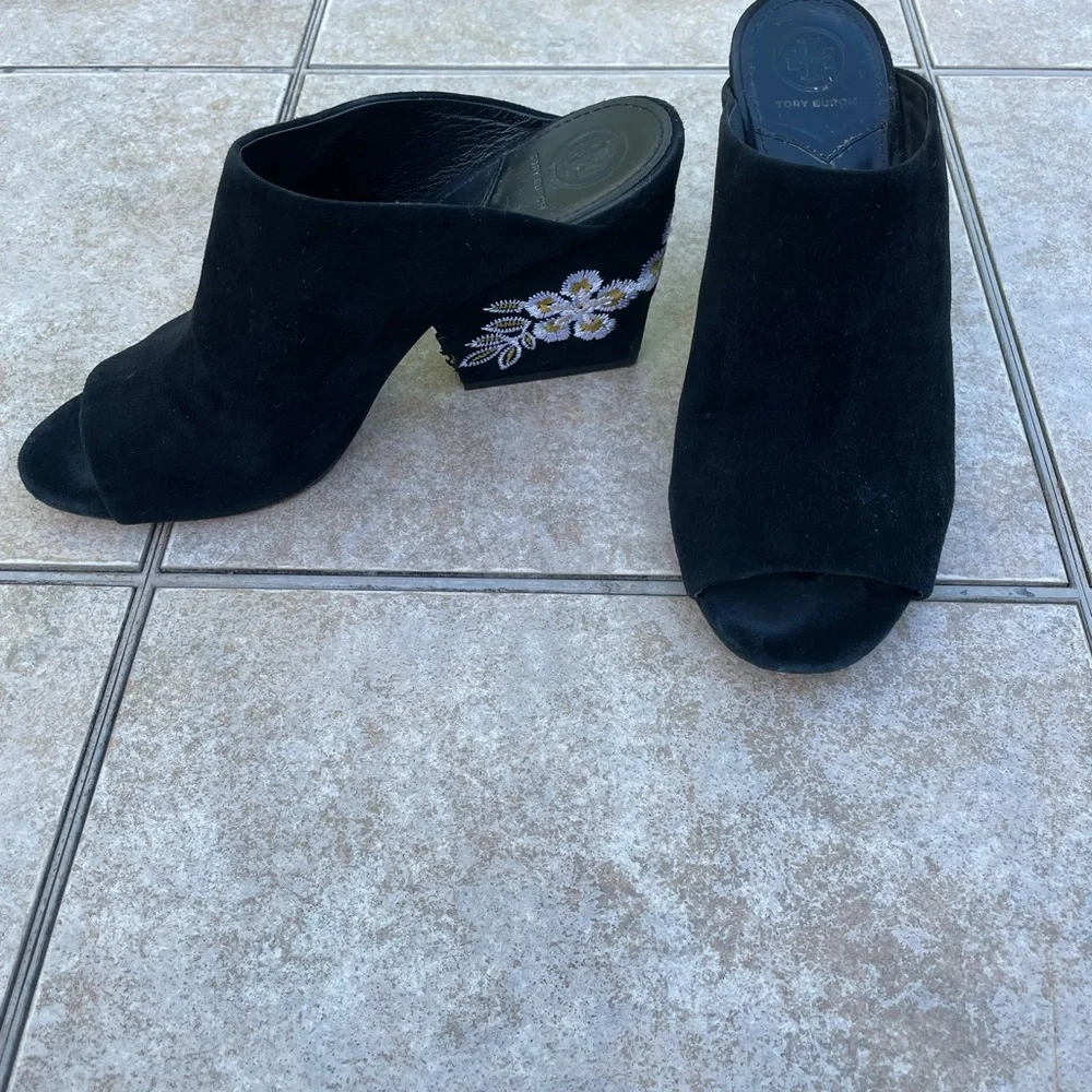 Tory Burch Black Embroidered Suede Mule Sandals Size 9